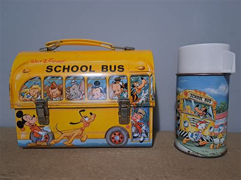 vintage walt disney school bus metal lunch box with thermos|school bus lunch box.